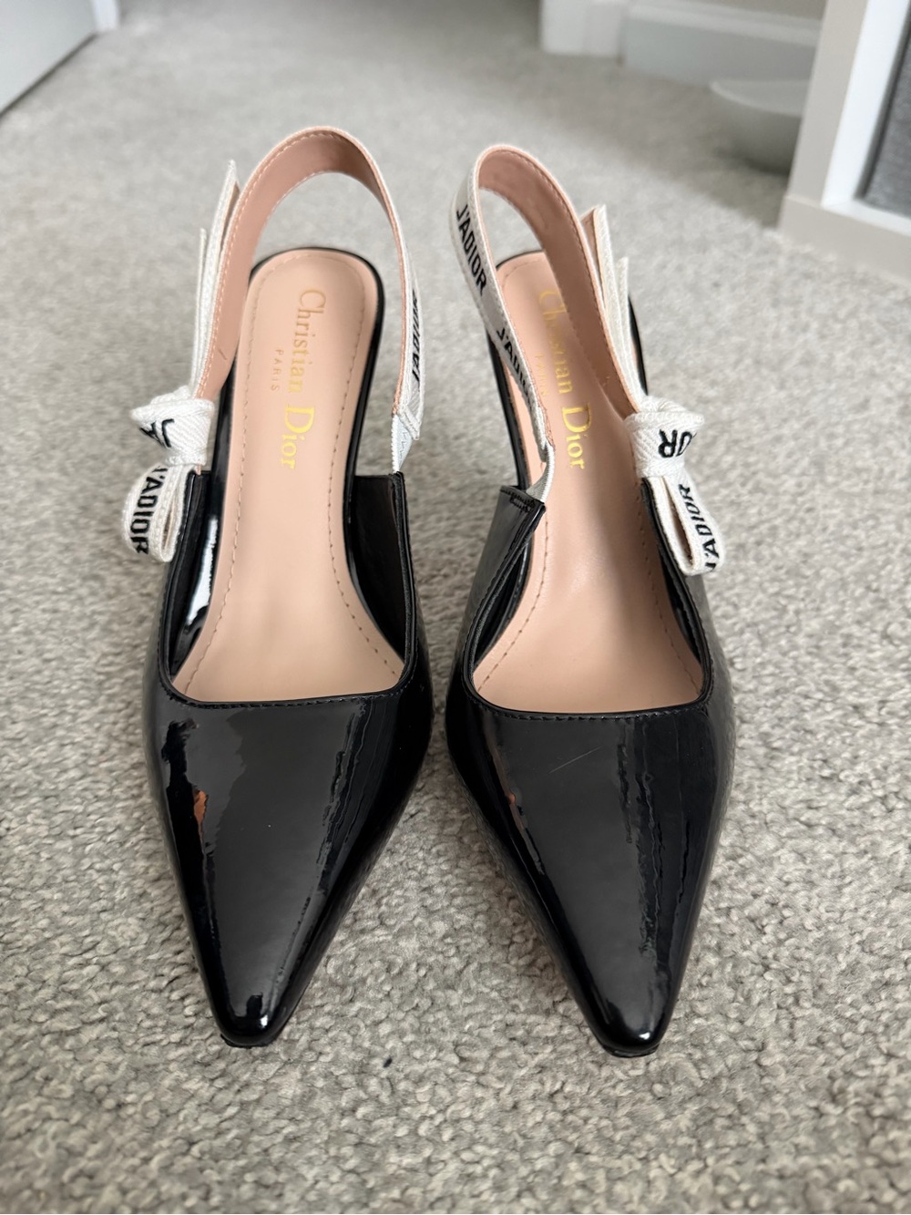 Dior Black Patent Pointed Slingback Pumps with J'Adior Ribbon